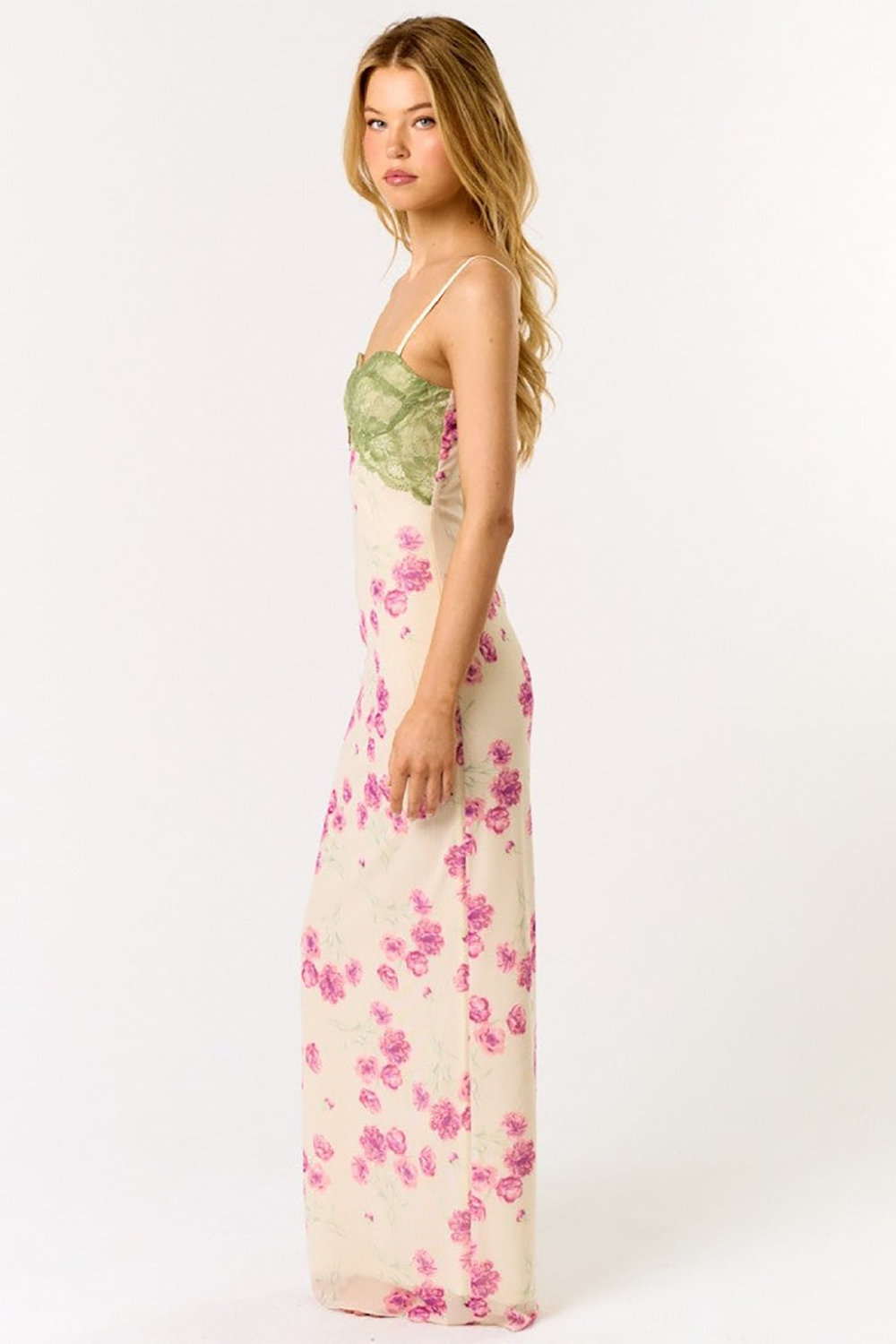 Lace Patchwork Slim Fit Floral Print Slip Maxi Dresses-Green [Pre Order]