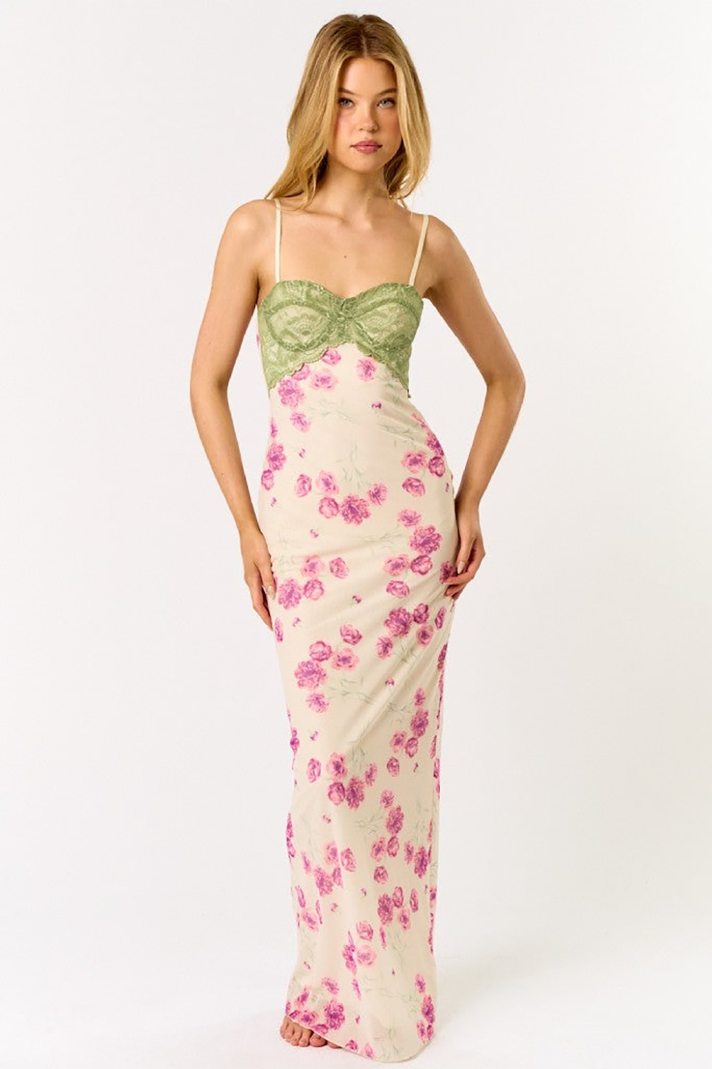 Lace Patchwork Slim Fit Floral Print Slip Maxi Dresses-Green [Pre Order]