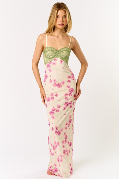 Lace Patchwork Slim Fit Floral Print Slip Maxi Dresses-Green [Pre Order]