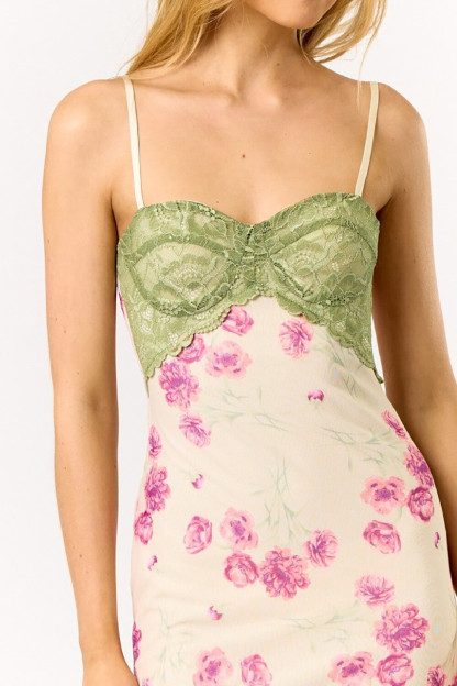 Lace Patchwork Slim Fit Floral Print Slip Maxi Dresses-Green [Pre Order]