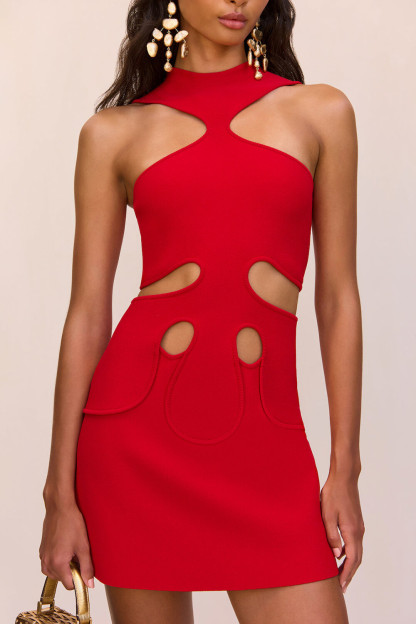 Sleeveless High Neck Cutout Slim Fit Mini Dresses-Red [Pre Order]