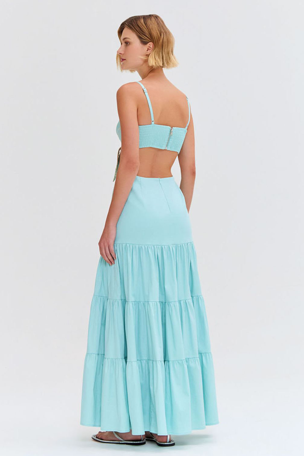 Butterfly Applique Cutout Backless Shirred Slip Maxi Dresses-Blue [Pre Order]