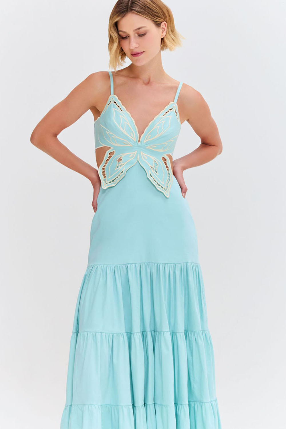 Butterfly Applique Cutout Backless Shirred Slip Maxi Dresses-Blue [Pre Order]