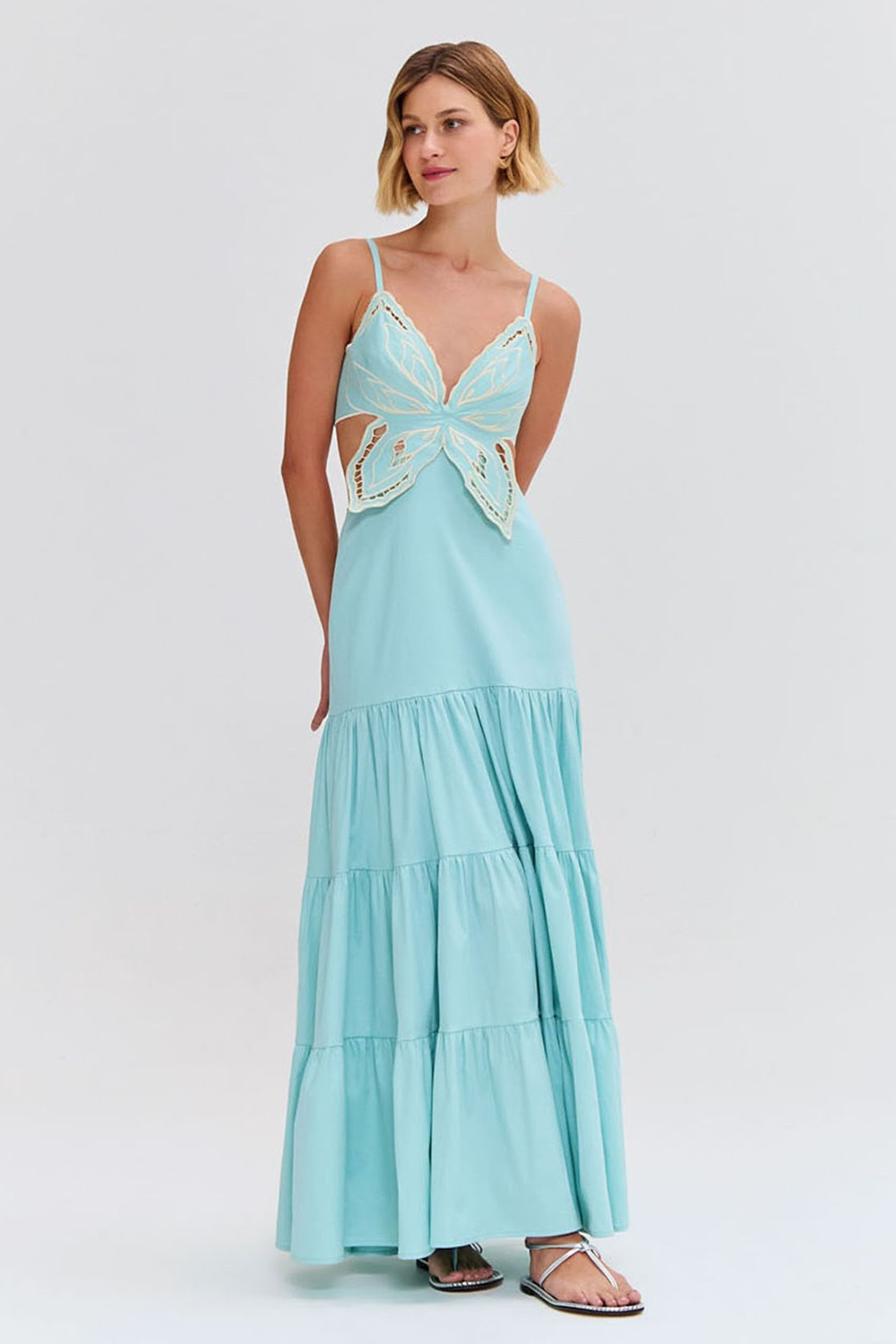 Butterfly Applique Cutout Backless Shirred Slip Maxi Dresses-Blue [Pre Order]