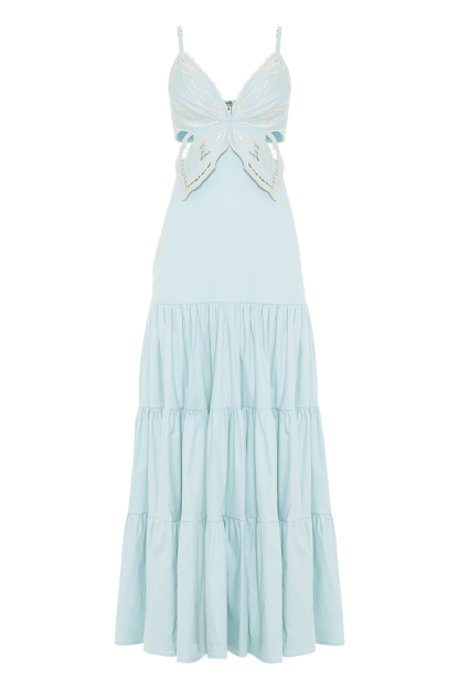 Butterfly Applique Cutout Backless Shirred Slip Maxi Dresses-Blue [Pre Order]