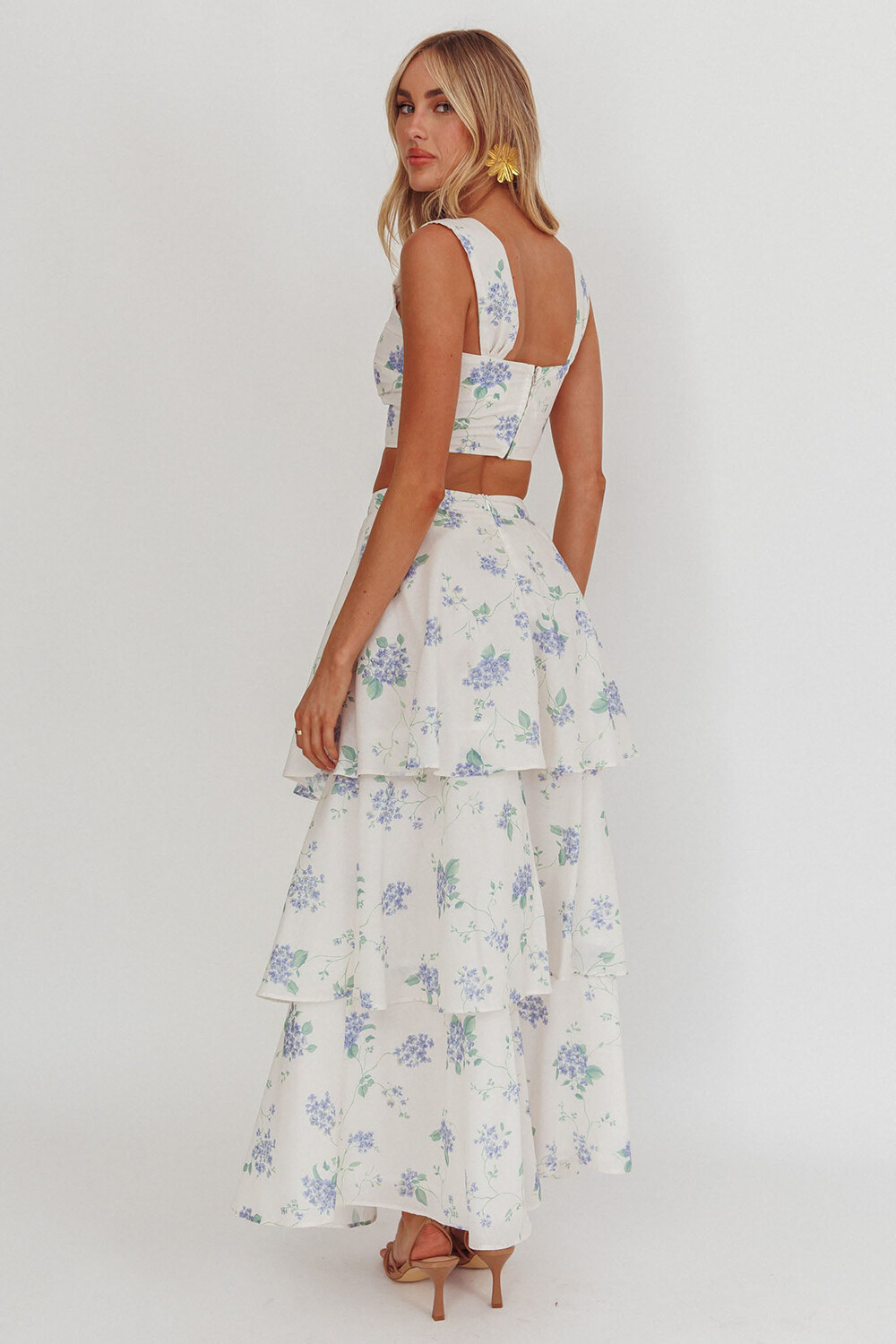 Floral Print Sleeveless Crop Top Tiered Maxi Skirt 2pcs Set-White [Pre Order]