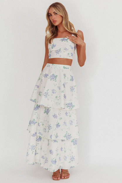 Floral Print Sleeveless Crop Top Tiered Maxi Skirt 2pcs Set-White [Pre Order]