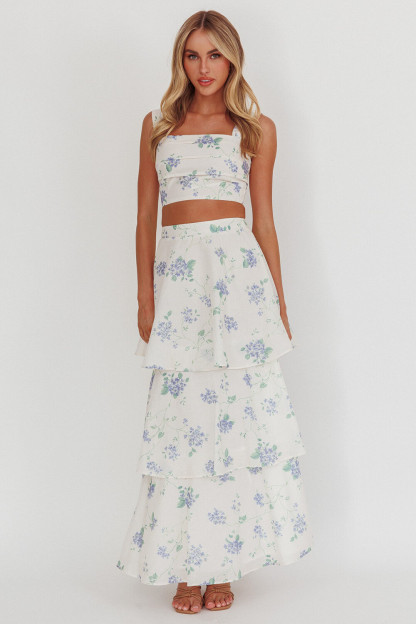 Floral Print Sleeveless Crop Top Tiered Maxi Skirt 2pcs Set-White [Pre Order]