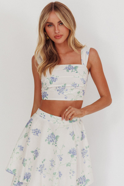 Floral Print Sleeveless Crop Top Tiered Maxi Skirt 2pcs Set-White [Pre Order]