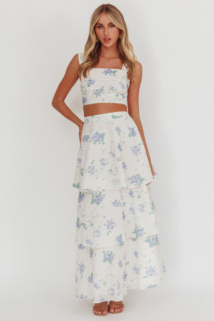Floral Print Sleeveless Crop Top Tiered Maxi Skirt 2pcs Set-White [Pre Order]