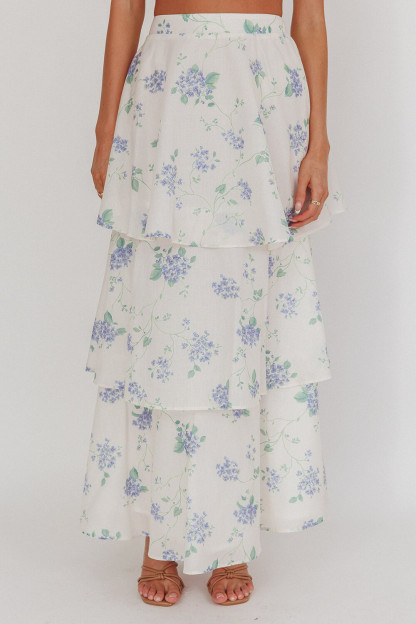 Floral Print Sleeveless Crop Top Tiered Maxi Skirt 2pcs Set-White [Pre Order]