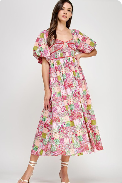 Ditsy Floral Print Puff Sleeve A-Line Midi Dresses-Pink [Pre Order]