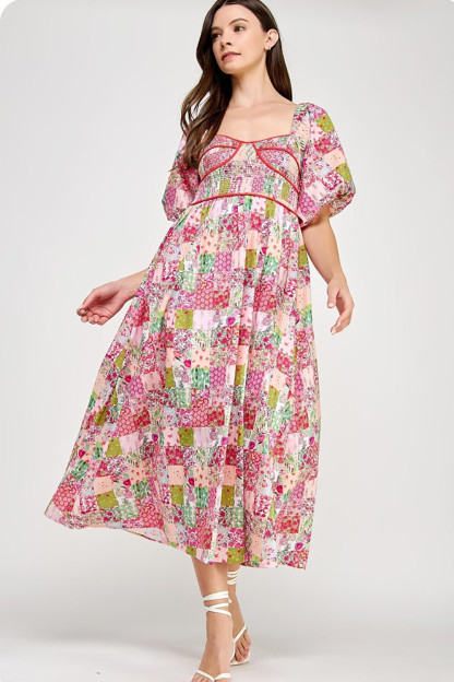 Ditsy Floral Print Puff Sleeve A-Line Midi Dresses-Pink [Pre Order]