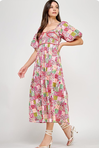 Ditsy Floral Print Puff Sleeve A-Line Midi Dresses-Pink [Pre Order]