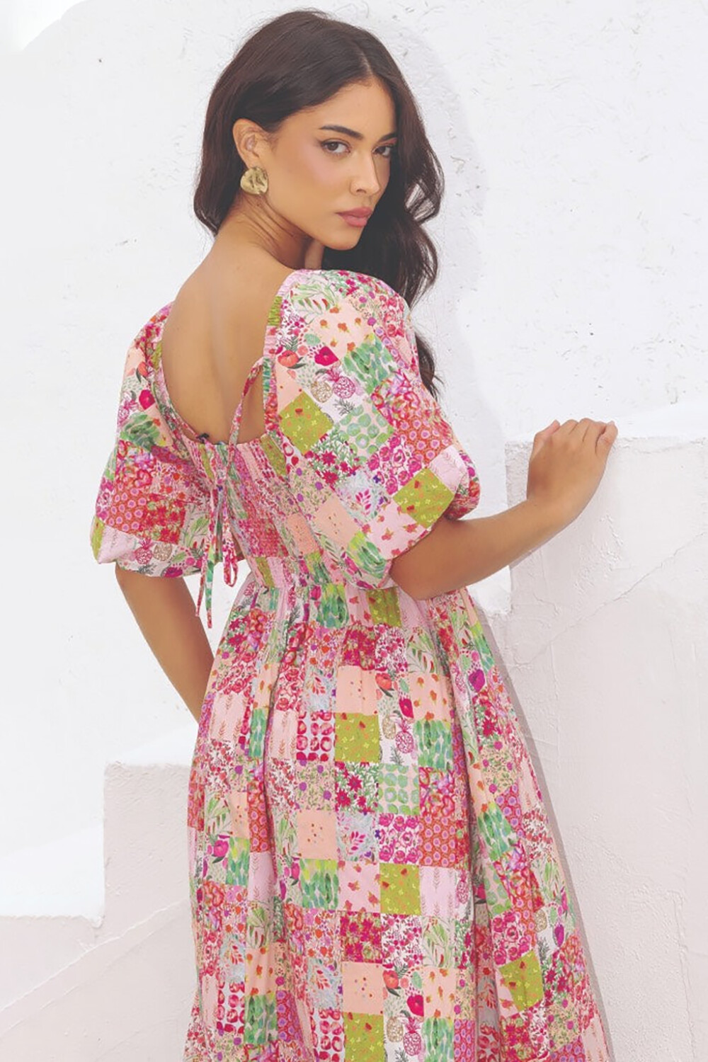 Ditsy Floral Print Puff Sleeve A-Line Midi Dresses-Pink [Pre Order]