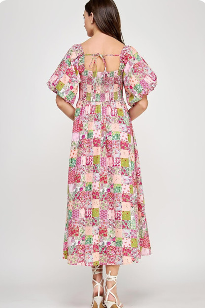 Ditsy Floral Print Puff Sleeve A-Line Midi Dresses-Pink [Pre Order]
