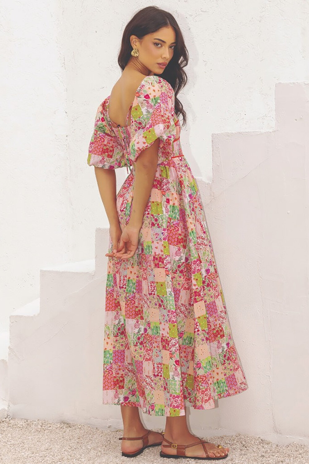 Ditsy Floral Print Puff Sleeve A-Line Midi Dresses-Pink [Pre Order]