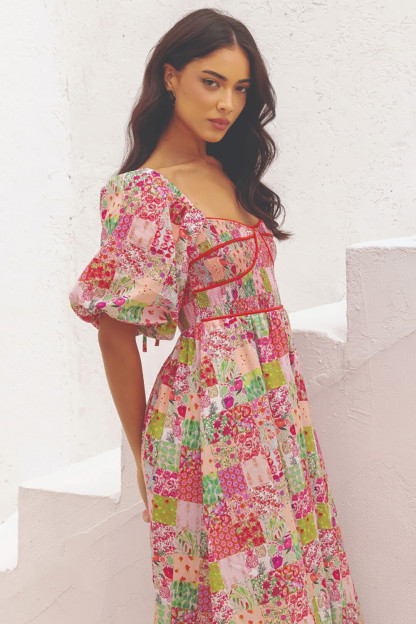 Ditsy Floral Print Puff Sleeve A-Line Midi Dresses-Pink [Pre Order]