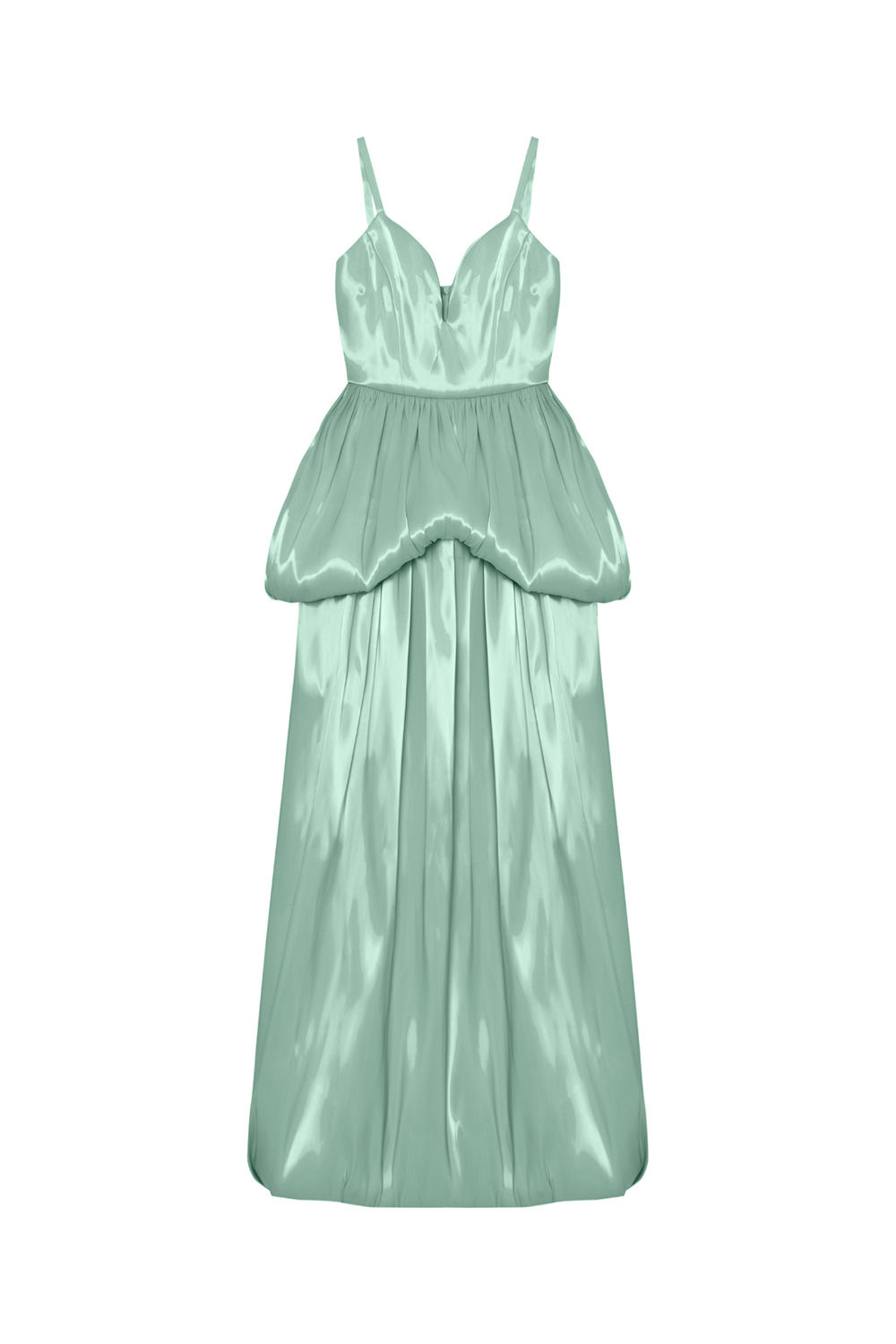 V Neck Cinch Waist Bubbled Design Liquid Gowns Maxi Dresses-Green [Pre Order]