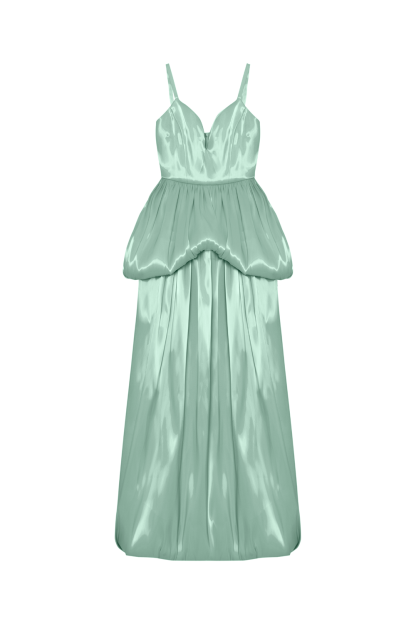 V Neck Cinch Waist Bubbled Design Liquid Gowns Maxi Dresses-Green [Pre Order]