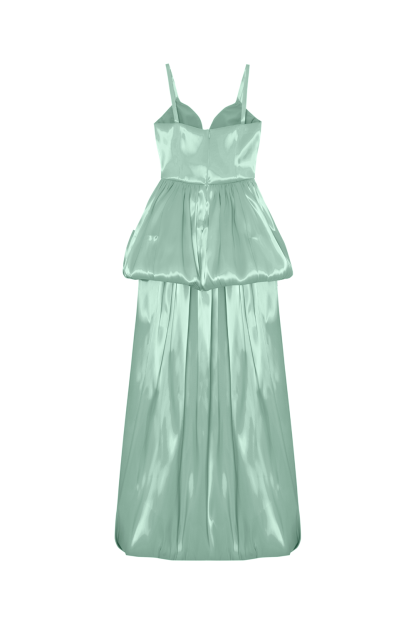 V Neck Cinch Waist Bubbled Design Liquid Gowns Maxi Dresses-Green [Pre Order]