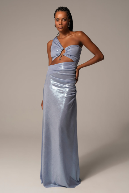 One Shoulder Cutout Ruched Metallic Finish Maxi Dresses-Blue [Pre Order]