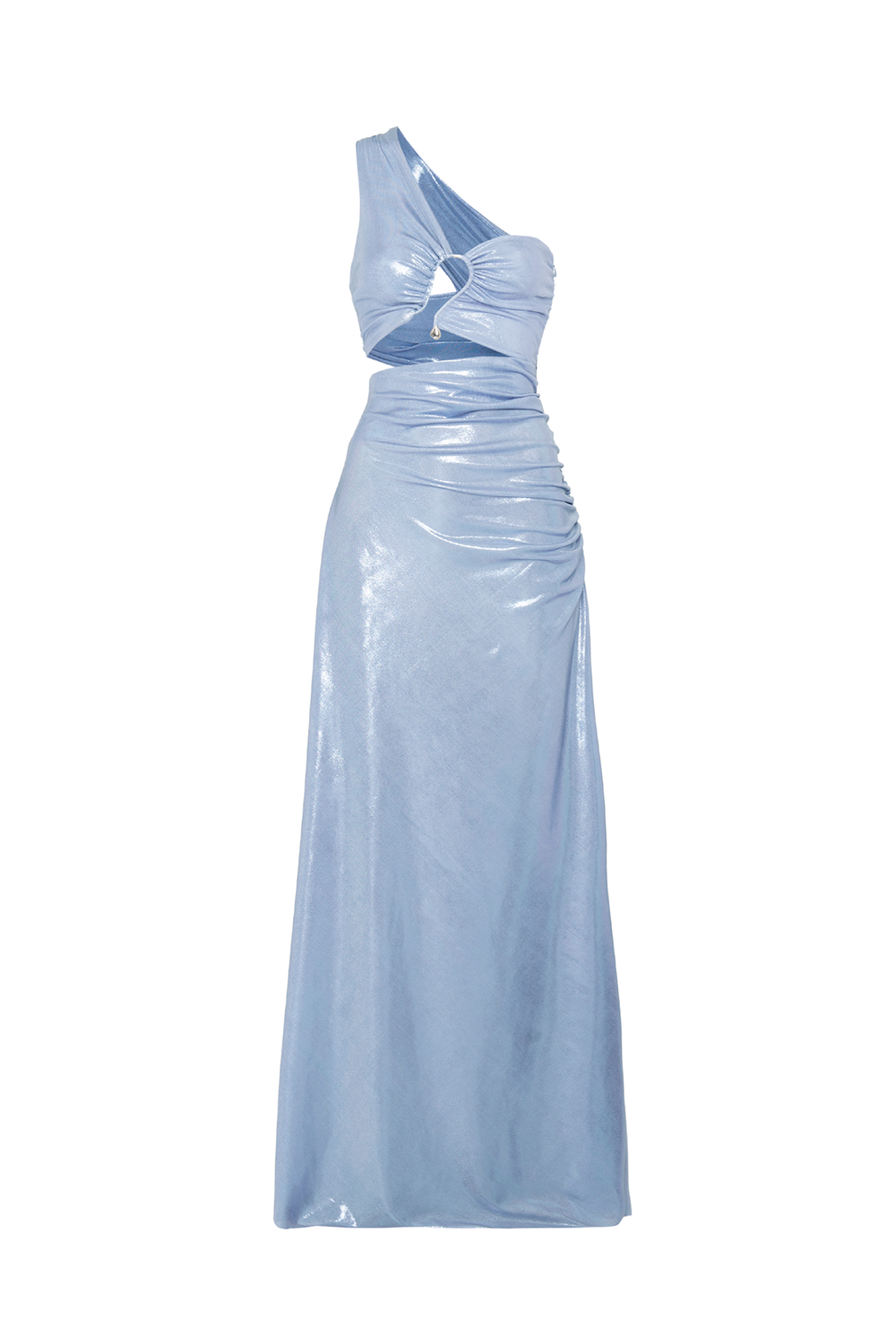 One Shoulder Cutout Ruched Metallic Finish Maxi Dresses-Blue [Pre Order]