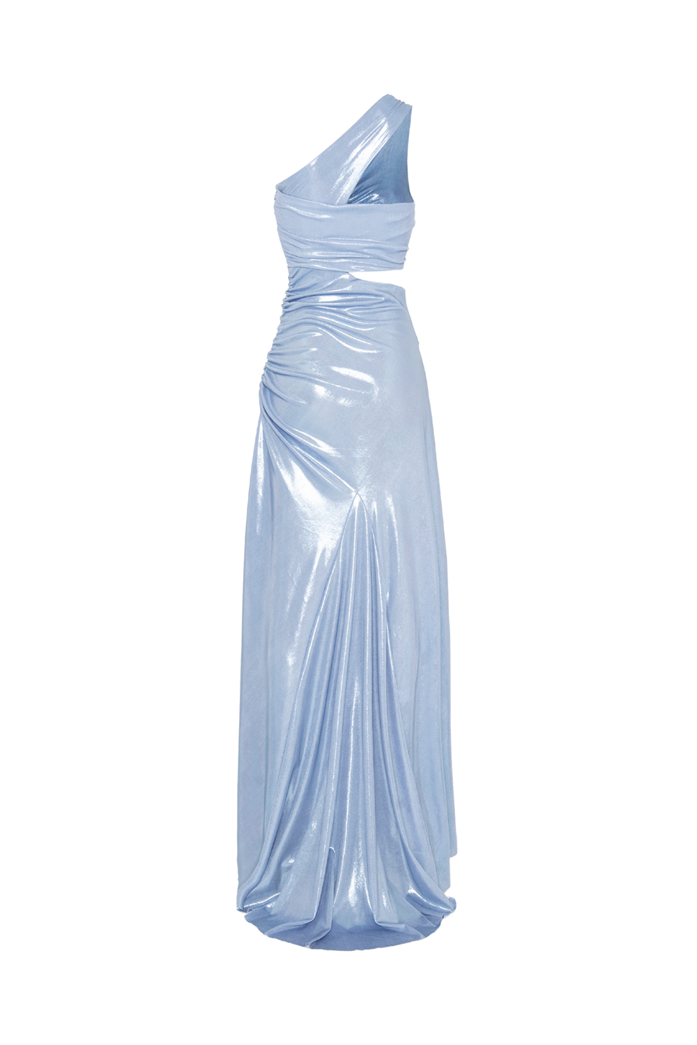 One Shoulder Cutout Ruched Metallic Finish Maxi Dresses-Blue [Pre Order]