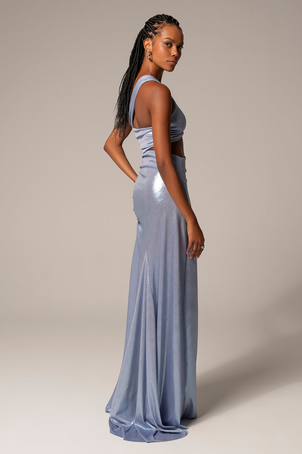 One Shoulder Cutout Ruched Metallic Finish Maxi Dresses-Blue [Pre Order]