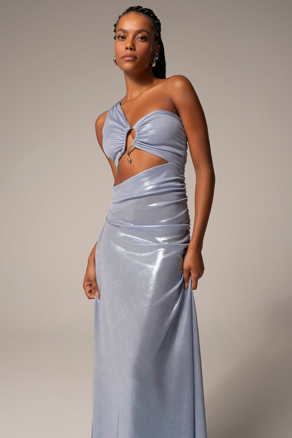 One Shoulder Cutout Ruched Metallic Finish Maxi Dresses-Blue [Pre Order]