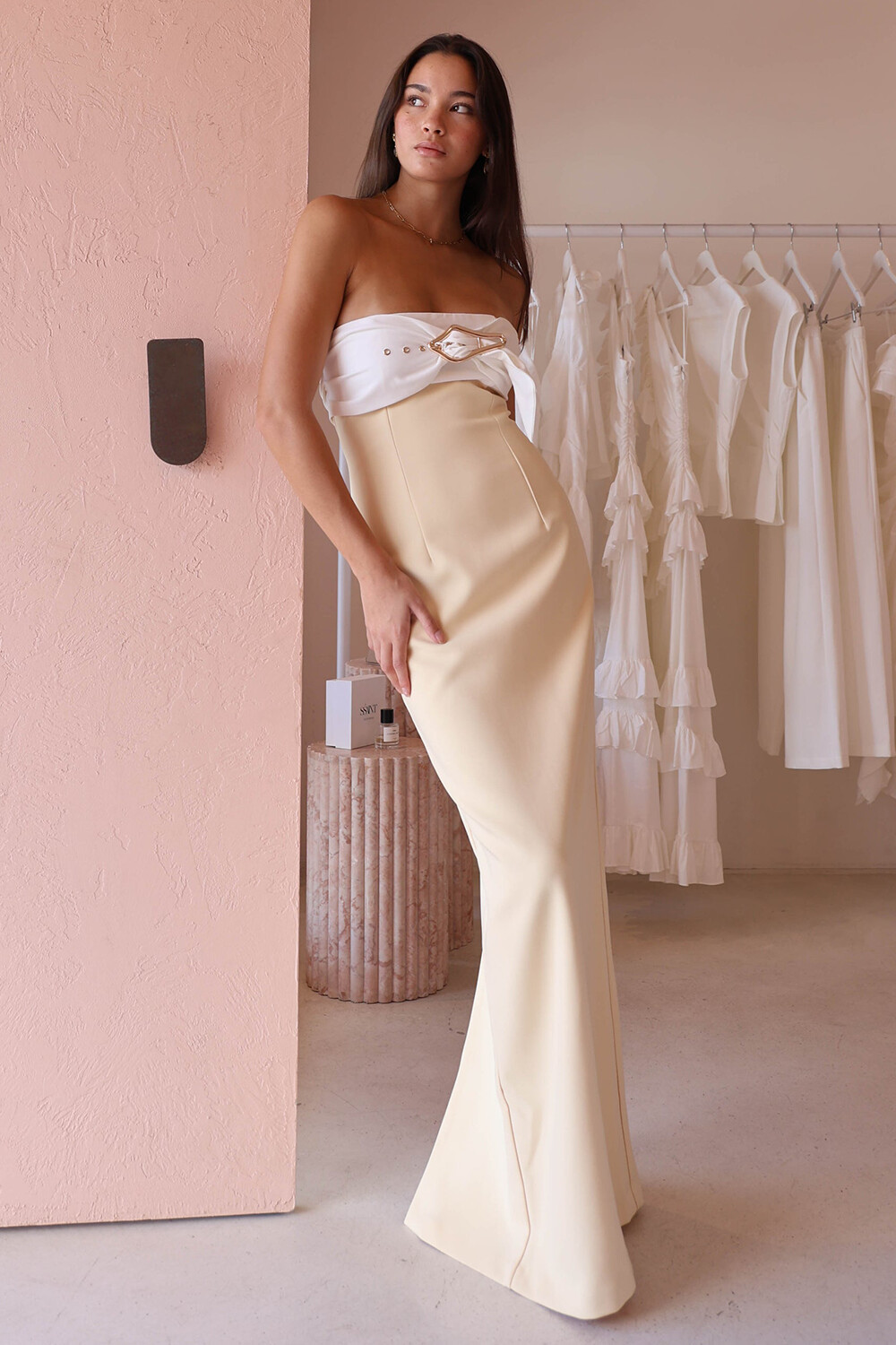 Boat Neck Colorblock Strapless Slim Fit Maxi Dresses-Yellow [Pre Order]