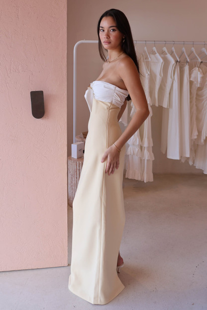 Boat Neck Colorblock Strapless Slim Fit Maxi Dresses-Yellow [Pre Order]