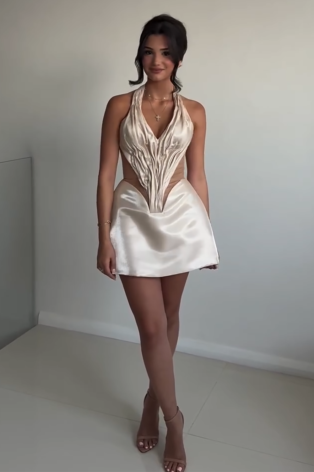 Mesh Patchwork Ruched Corset Halter Mini Liquid Dresses-Beige [Pre Order]