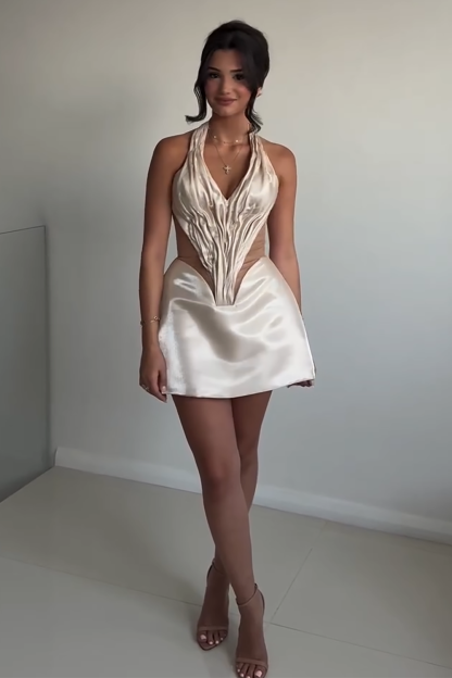 Mesh Patchwork Ruched Corset Halter Mini Liquid Dresses-Beige [Pre Order]