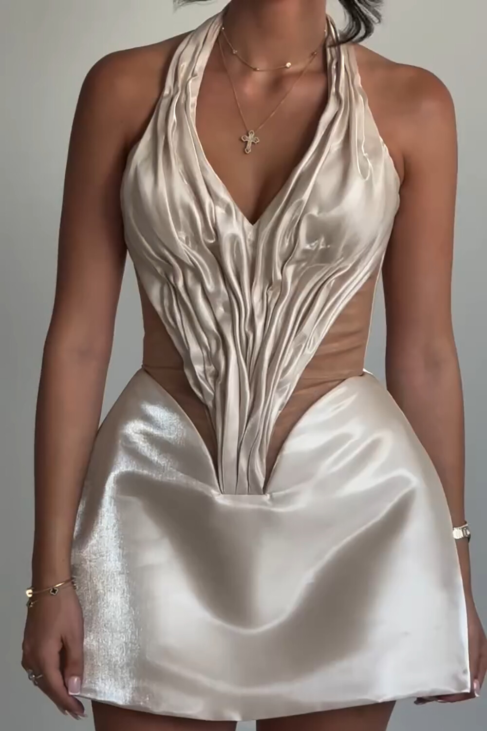 Mesh Patchwork Ruched Corset Halter Mini Liquid Dresses-Beige [Pre Order]