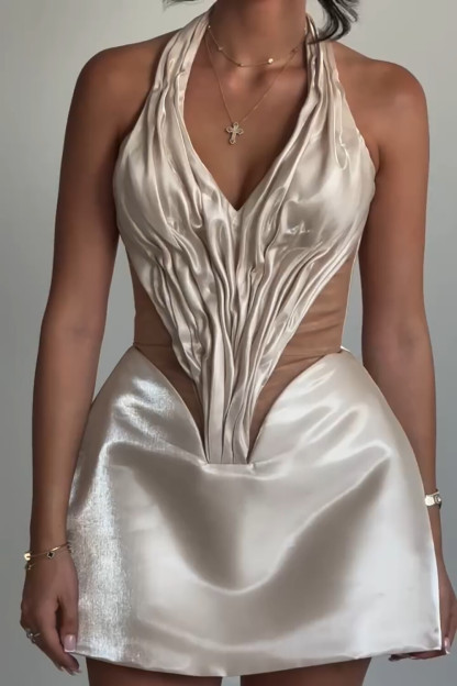 Mesh Patchwork Ruched Corset Halter Mini Liquid Dresses-Beige [Pre Order]