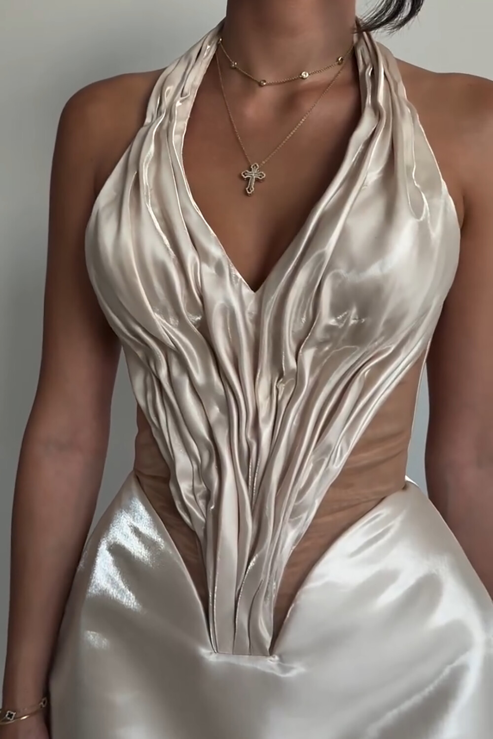 Mesh Patchwork Ruched Corset Halter Mini Liquid Dresses-Beige [Pre Order]