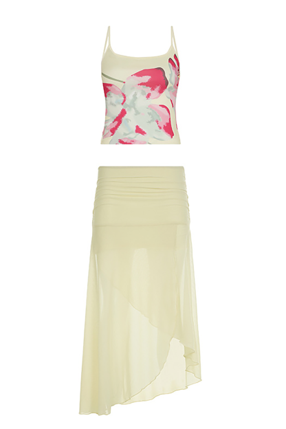 Floral Print Crop Cami Irregular Midi Skirt Matching Set-Beige