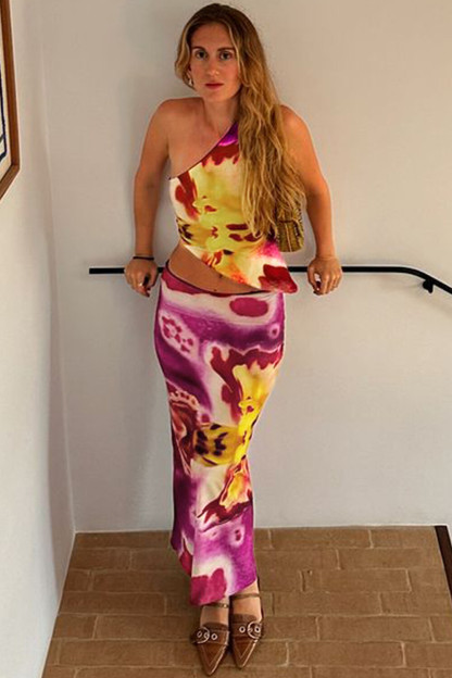 Floral Print Crop Cami Irregular Midi Skirt Matching Set-Beige