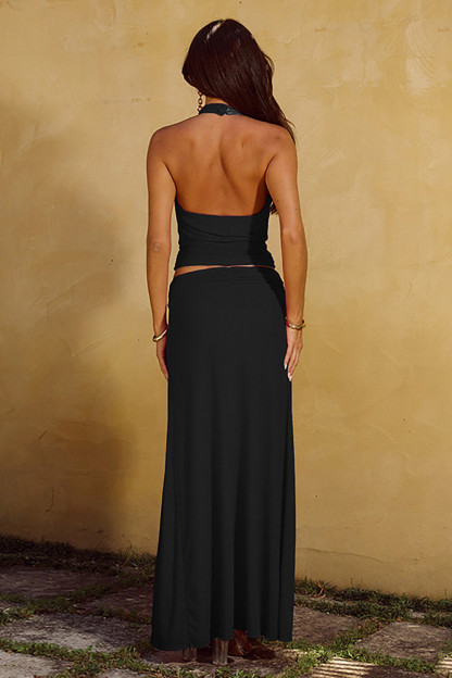 Floral Hardware Halter Top High Slit Maxi Skirt Matching Set-Black