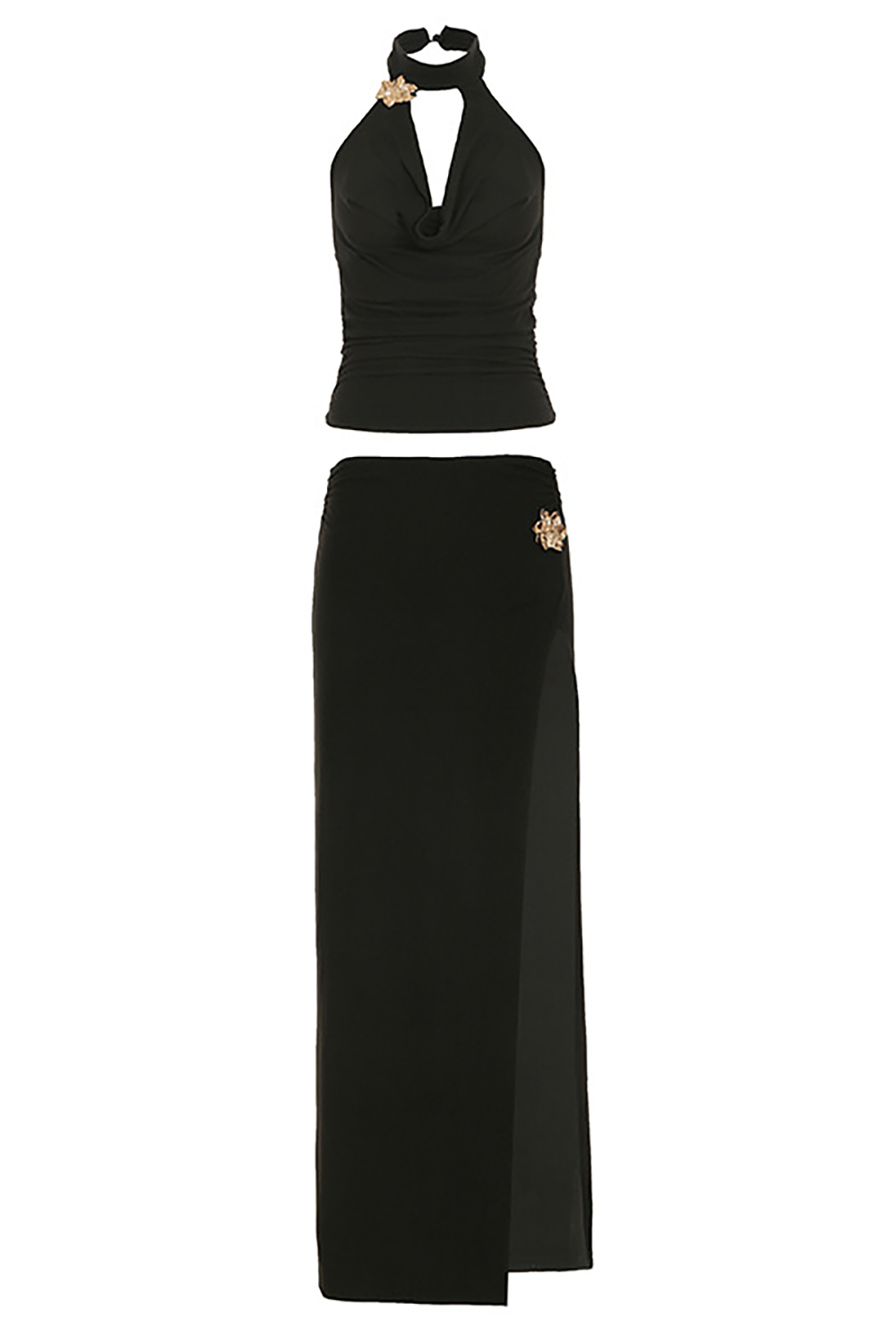 Floral Hardware Halter Top High Slit Maxi Skirt Matching Set-Black