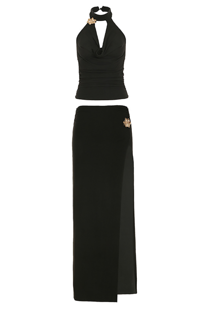 Floral Hardware Halter Top High Slit Maxi Skirt Matching Set-Black