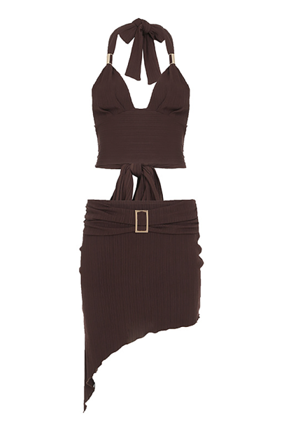 Halter Neck Crop Top Buckled Irregular Mini Skirt Knit 2pcs Set-Purple