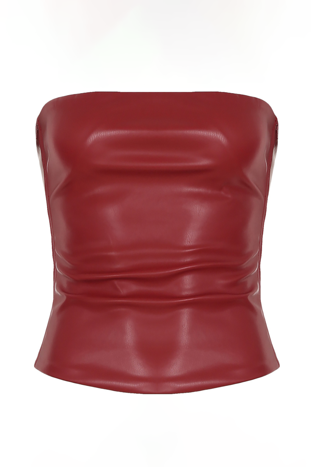 PU Leather Ruched Slim Fit Crop Tube Top-Red
