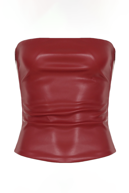 PU Leather Ruched Slim Fit Crop Tube Top-Red