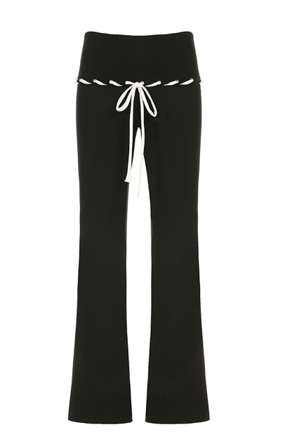 Contrast Piping Tie Up Halter Top Micro-Flared Pants Knit 2pcs Set-Black