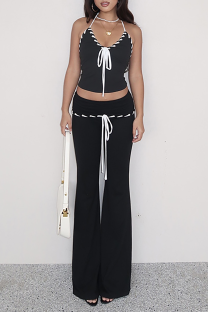 Contrast Piping Tie Up Halter Top Micro-Flared Pants Knit 2pcs Set-Black