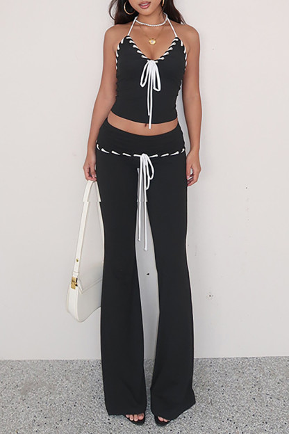 Contrast Piping Tie Up Halter Top Micro-Flared Pants Knit 2pcs Set-Black