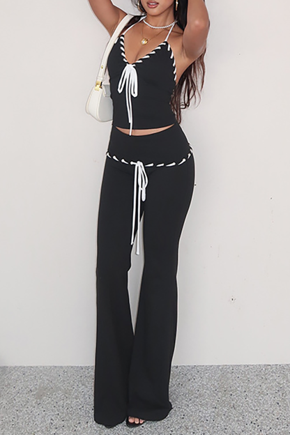 Contrast Piping Tie Up Halter Top Micro-Flared Pants Knit 2pcs Set-Black