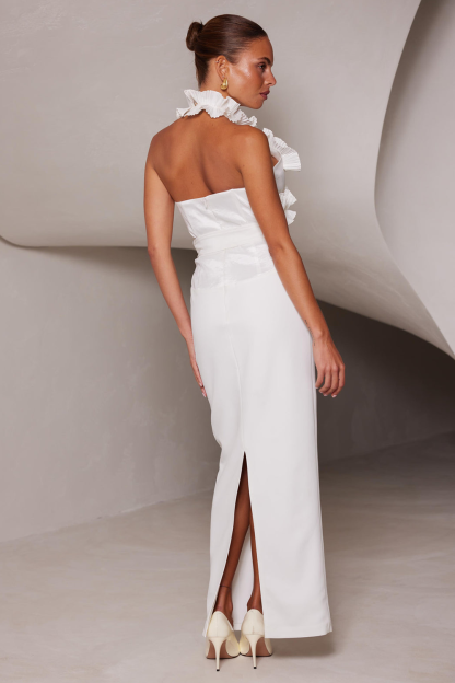 Pleated Ruffled Halter Belted Slim Fit Party Maxi Dresses-White [Pre Order]